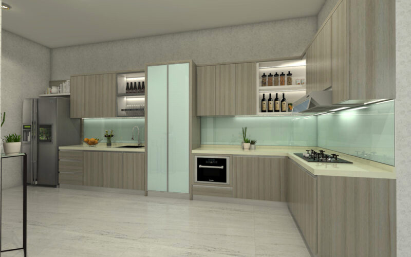 Kitchen with glass backsplash