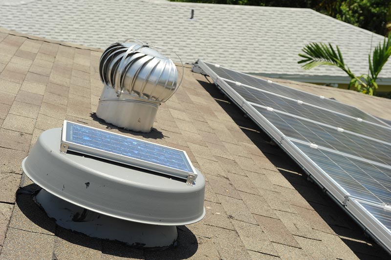 solar powered attic and wind turbine on the roof