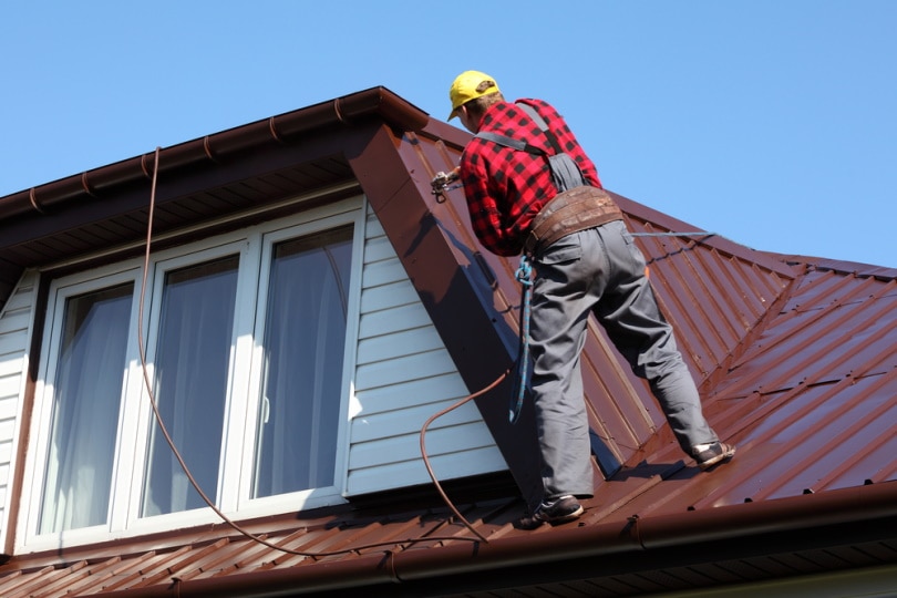 man painting metal roof