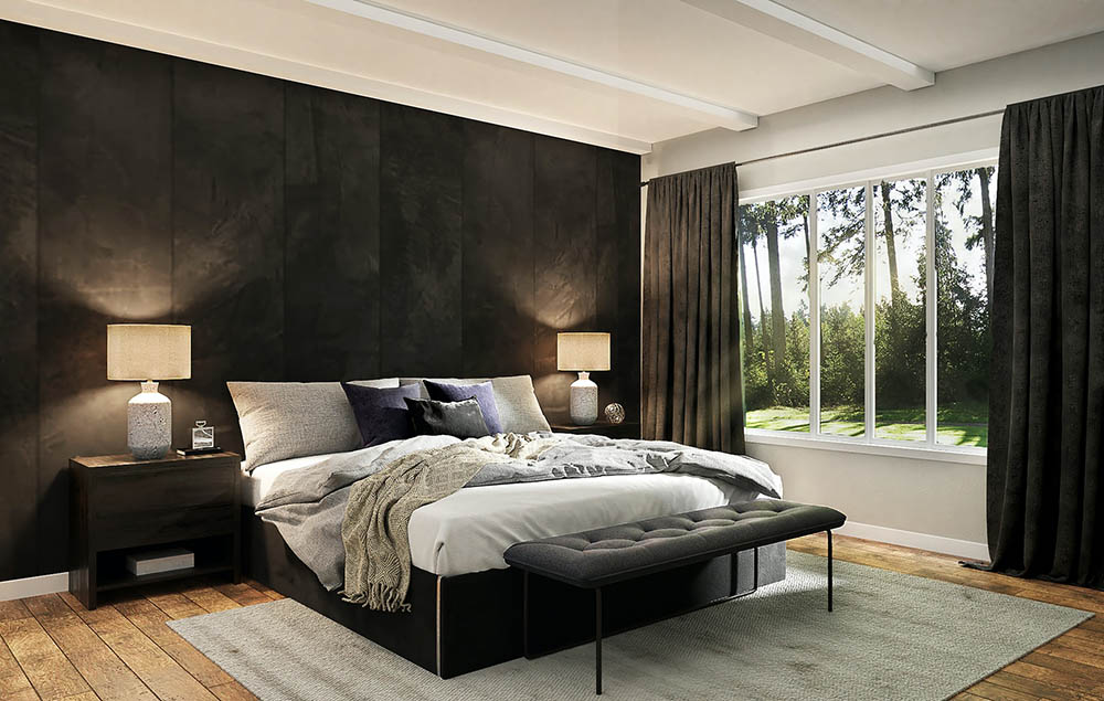 black bedroom with cushioned headboard